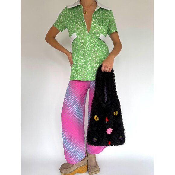 60s vintage green floral print collared zip up short sleeved blouse with pockets - Picture 2 of 8